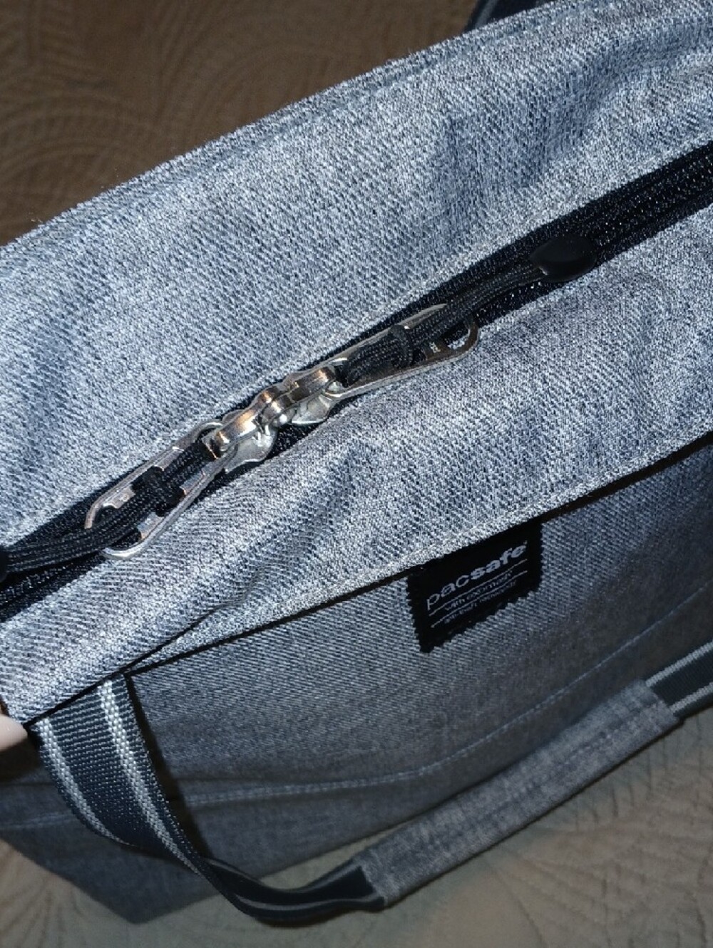 Pacsafe Heathered Gray Anti-Theft Messenger Tote with Striped Strap - Picture 8 of 11